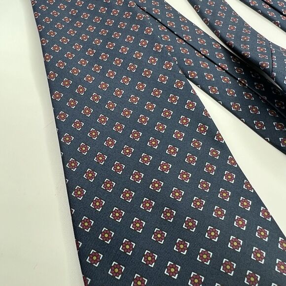 St Michael Vintage Silk Navy Maroon Geometric Floral Neck Tie - Picture 2 of 7